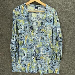 Basic Editions Blouse Women 2XL Blue Floral V-Neck 3/4 Sleeve 1/2 Button Casual